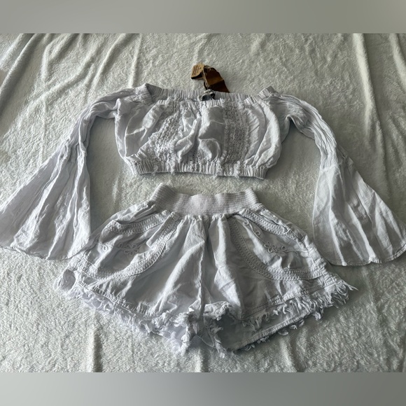 Cotton Natural Tops - New Natural Cotton Lola Flare Off Shoulder Top High Waisted Shorts White Outfit